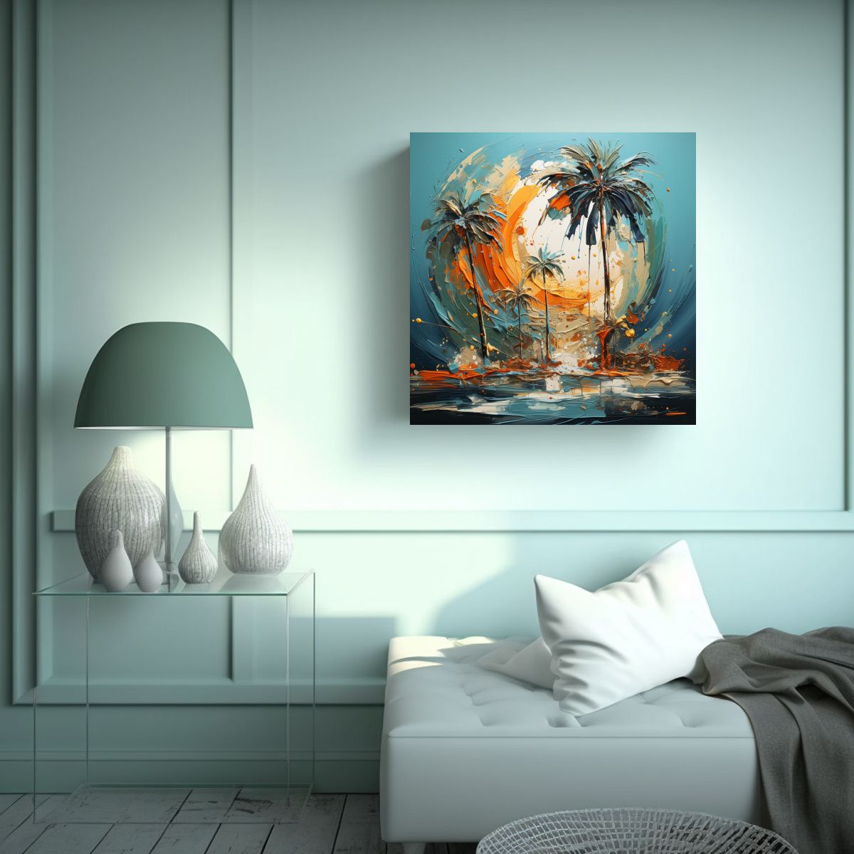GENERICO - Cuadro Abstracto De Palma Turquesa Y Dorado Para 70x70 Cm