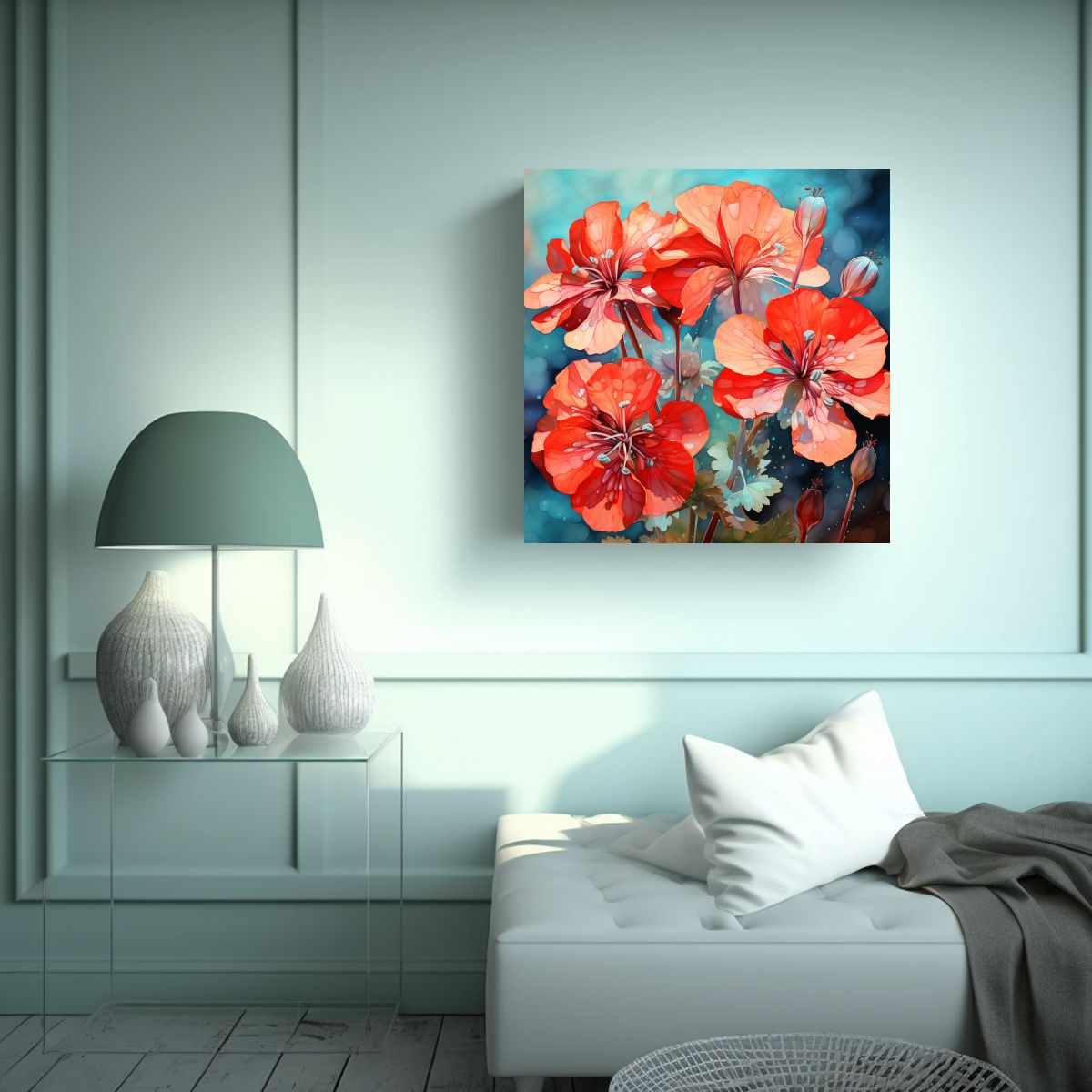 GENERICO - Cuadro Lienzo Baño Abstracto Con Flores Geranio 60x60 Cm