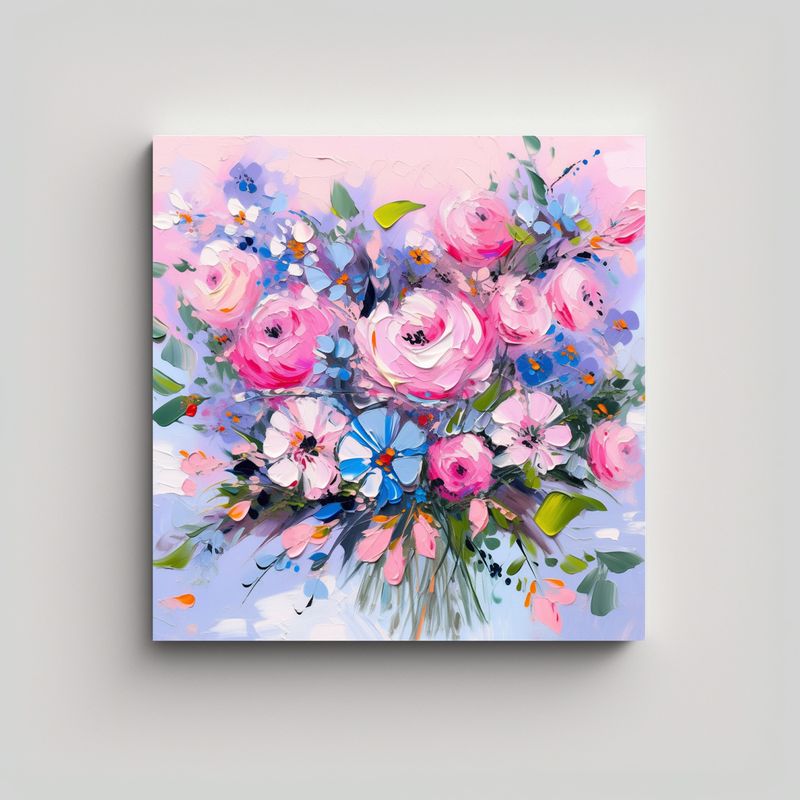 GENERICO - Pintura Lienzo Escena Floral Rosa Y Azul Para 90x90 Cm