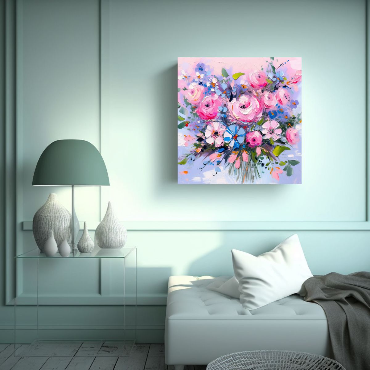 GENERICO - Pintura Lienzo Escena Floral Rosa Y Azul Para 90x90 Cm