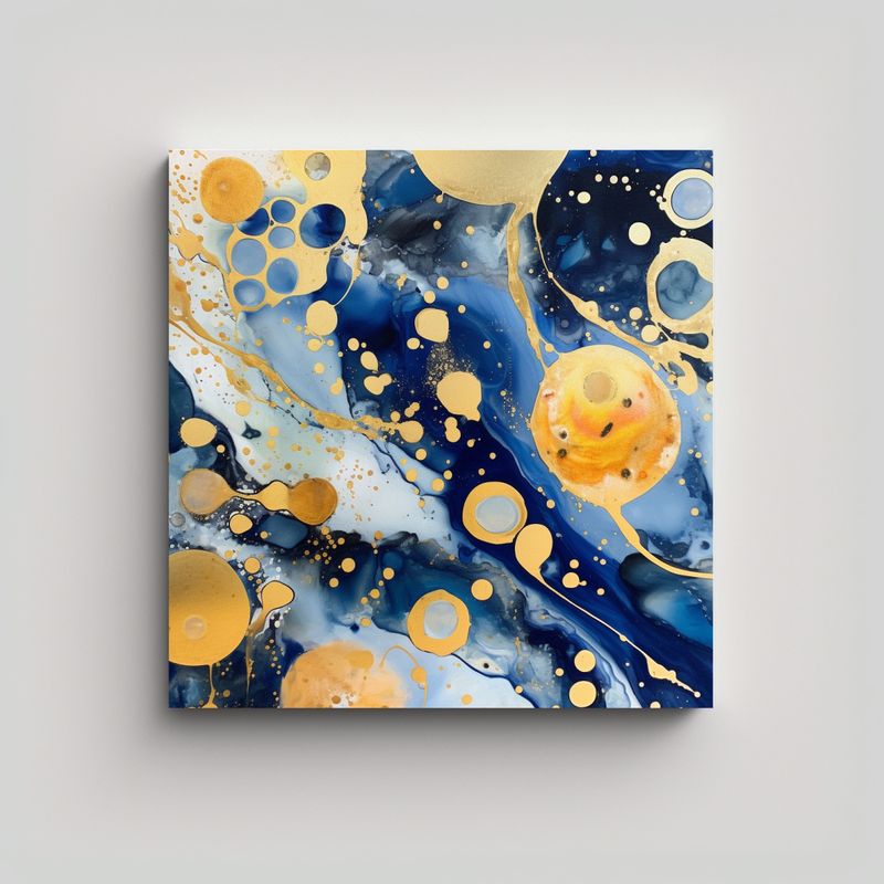 GENERICO - Pintura Mural Floral Dorada Y Azul Con Patrón 80x80 Cm