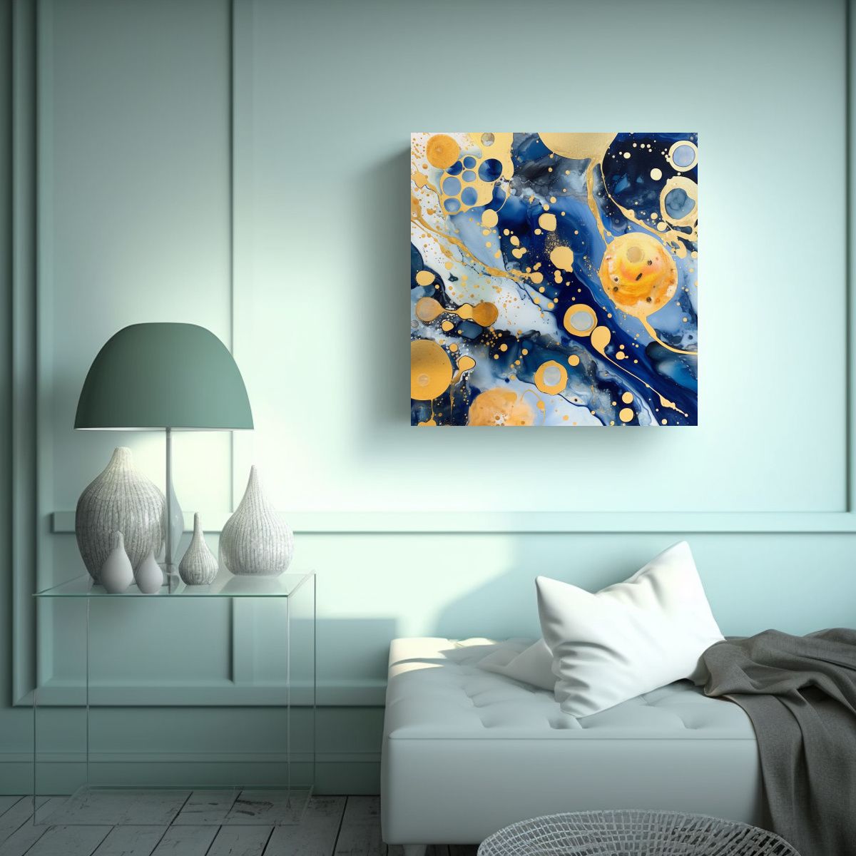 GENERICO - Pintura Mural Floral Dorada Y Azul Con Patrón 90x90 Cm