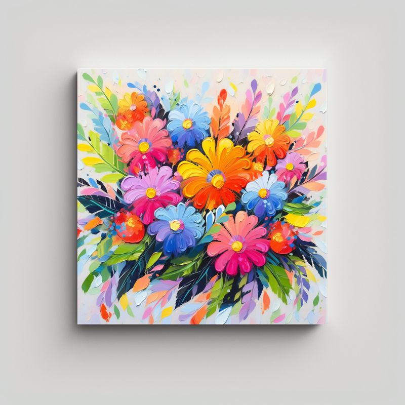 GENERICO - Cuadro Moderno Con Flores Arcoíris En Lienzo 60x60 Cm