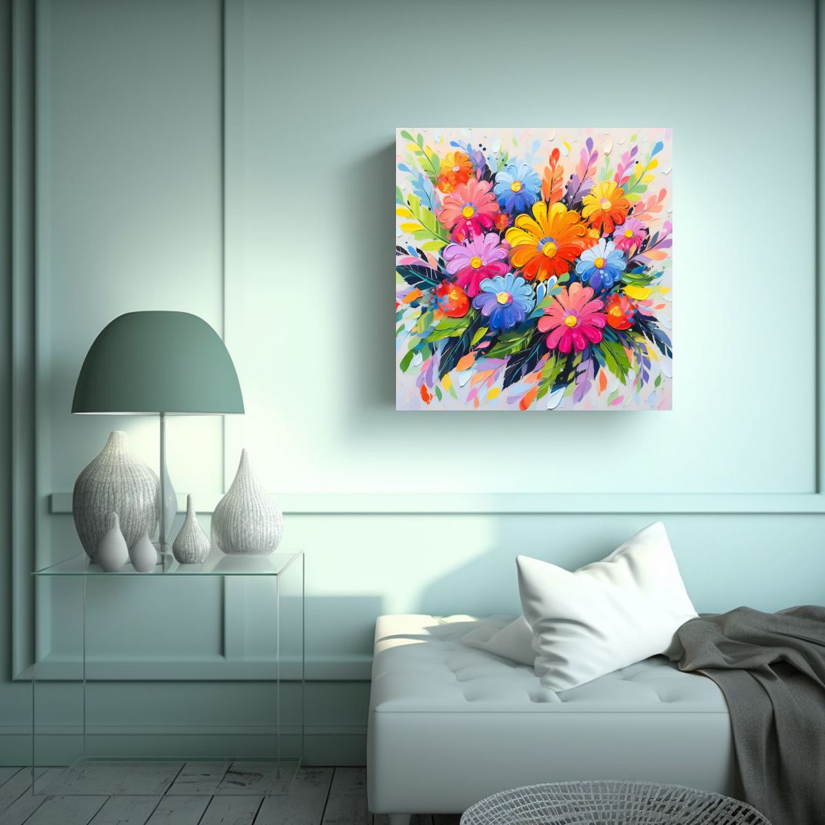 GENERICO - Cuadro Moderno Con Flores Arcoíris En Lienzo 60x60 Cm