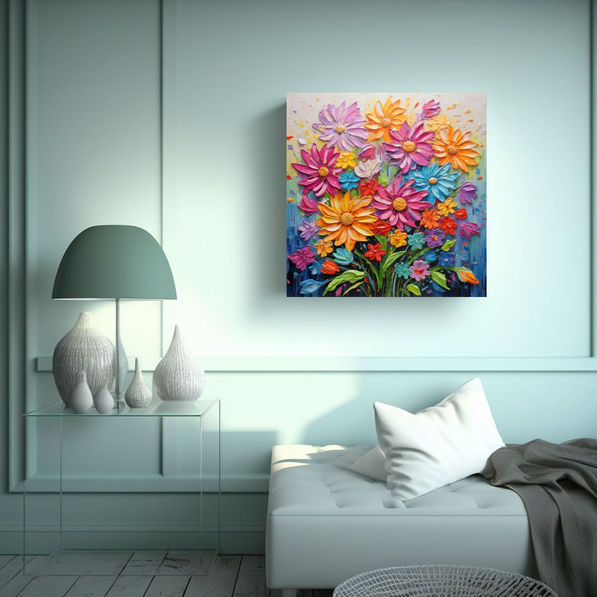 GENERICO - Pintura De Flores Arcoíris En Lienzo Estilo 50x50 Cm