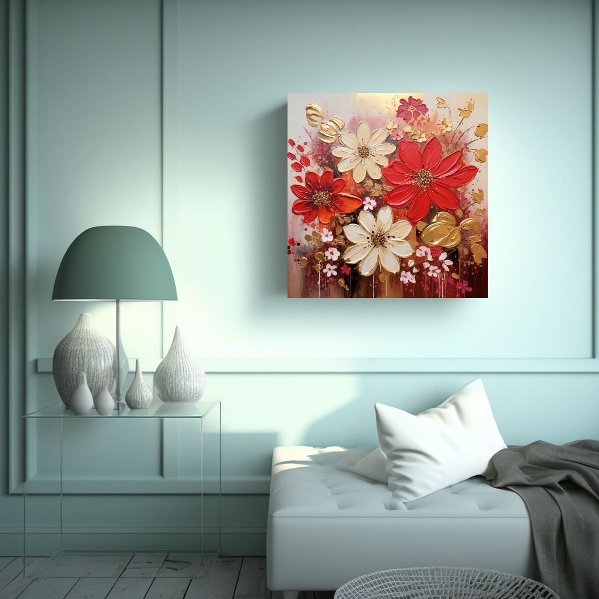 GENERICO - 1 Cuadro Concepto Colorido De Flores En Rojo Y 80x80 Cm