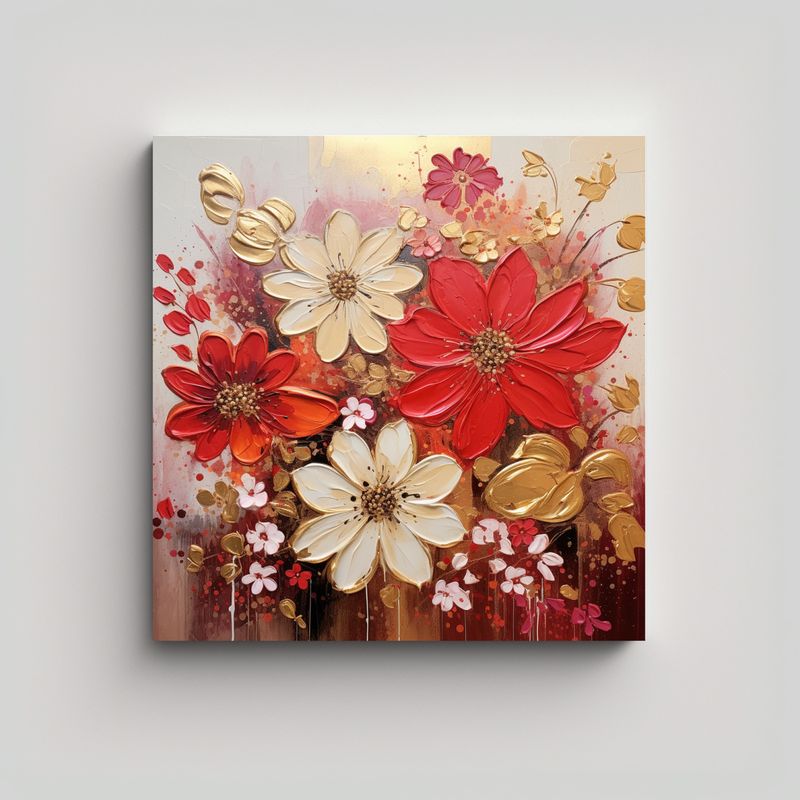 GENERICO - 1 Cuadro Concepto Colorido De Flores En Rojo Y 70x70 Cm