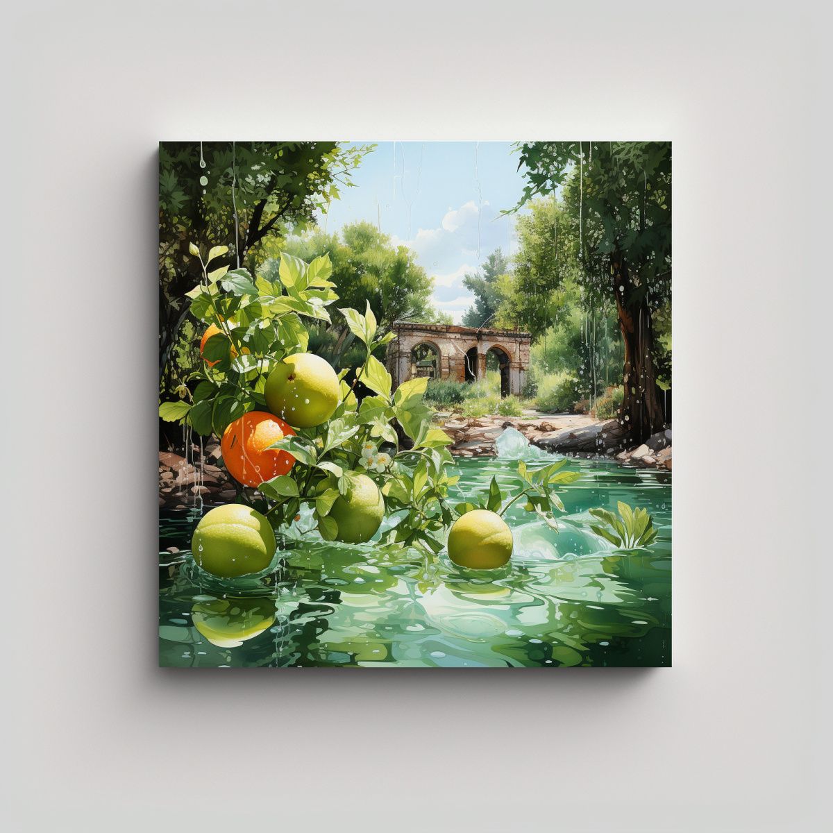 GENERICO - Cuadro Galería Visión Árboles Frutas Acuarela 50x50 Cm.
