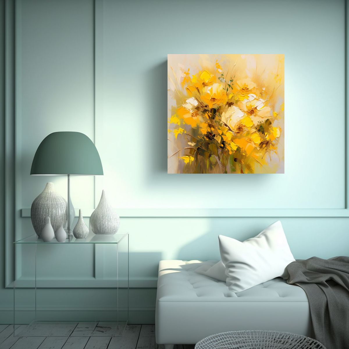 GENERICO - Cuadro De Flores Amarillas Y Doradas En Lienzo 70x70 Cm