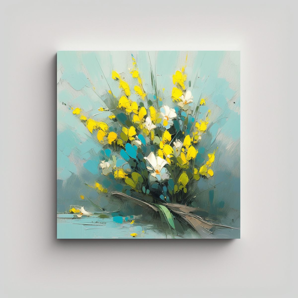 GENERICO - Pintura Lienzo Amarillo Y Cian Flores Con 70x70 Cm