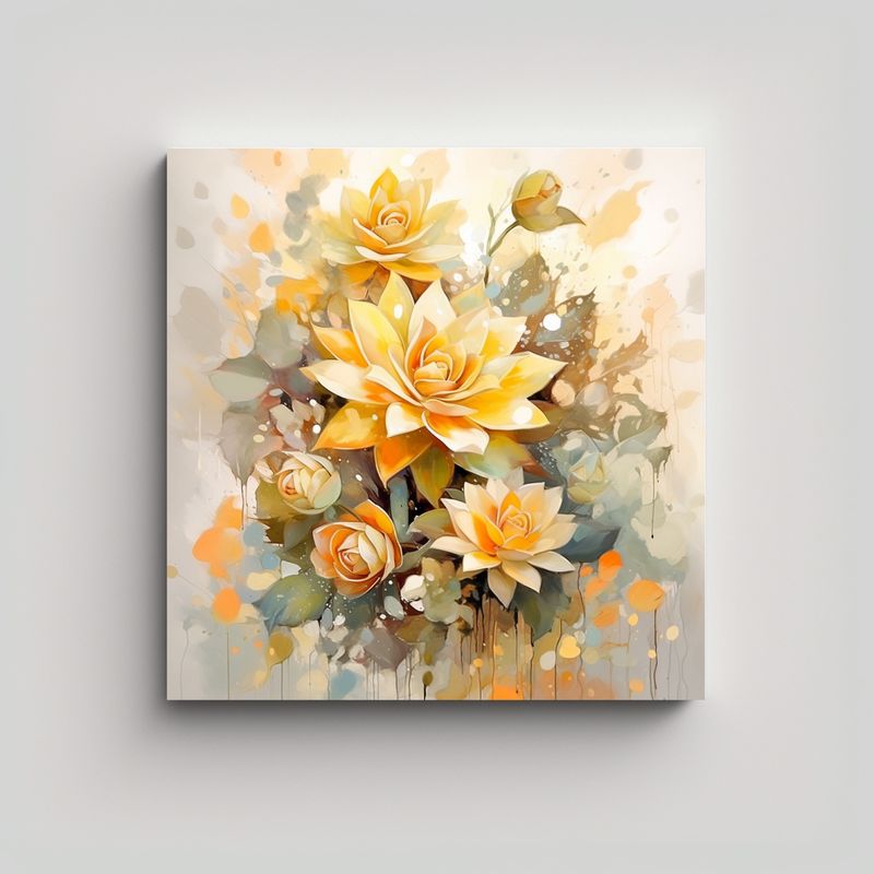 GENERICO - Cuadro Florales Amarillo Y Dorado Composición 80x80 Cm