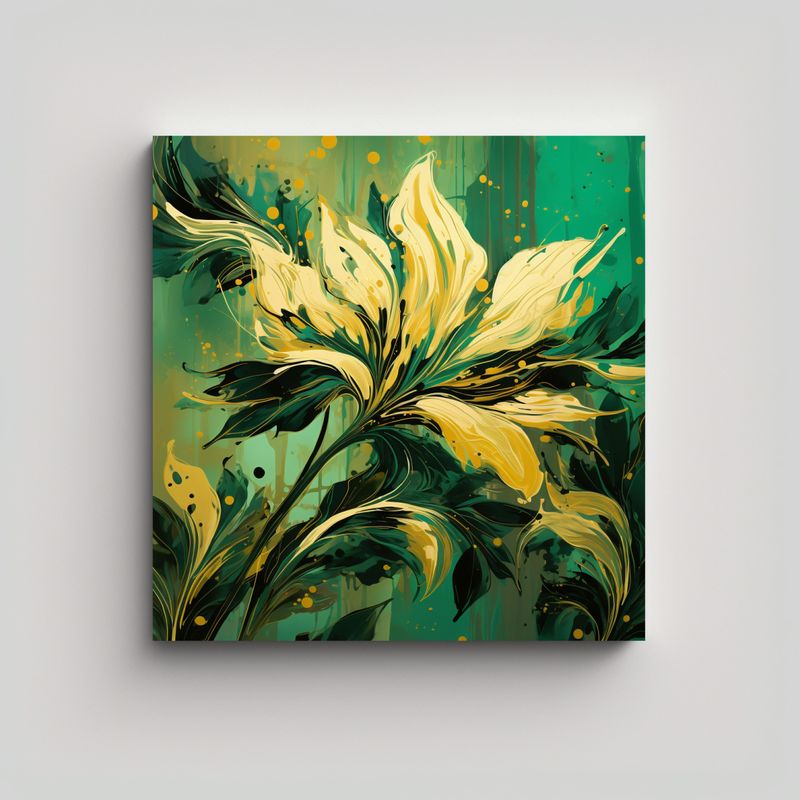 GENERICO - Cuadro Moderno Verde Y Dorado En Ambiente Neonoir 70x70 Cm