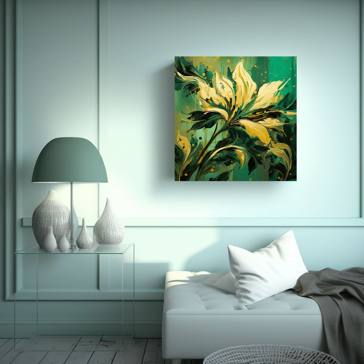 GENERICO - Cuadro Moderno Verde Y Dorado En Ambiente Neonoir 50x50 Cm