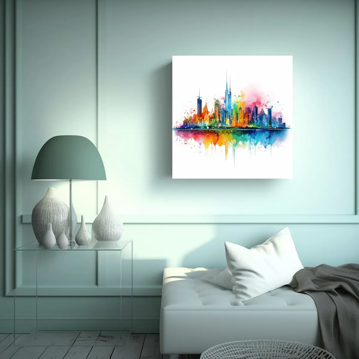 GENERICO - Cuadro Equilibrio Visual Ciudad Vibrante Acuarela 50x50 Cm