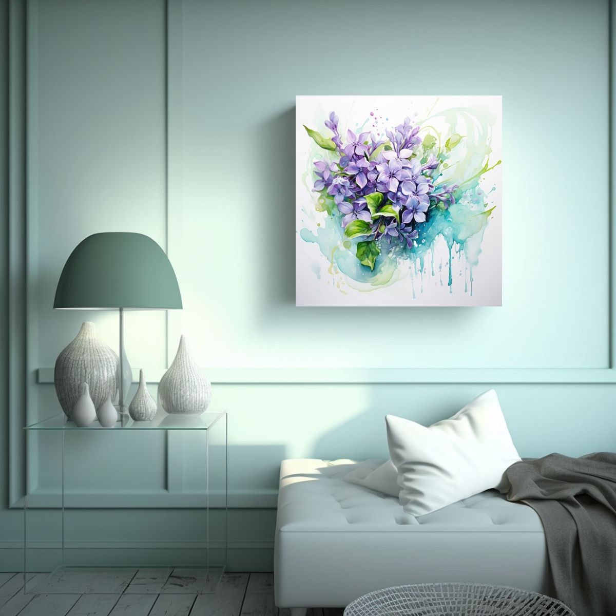 GENERICO - Pintura Abstracta De Flores Lilas Y Turquesa En 50x50 Cm