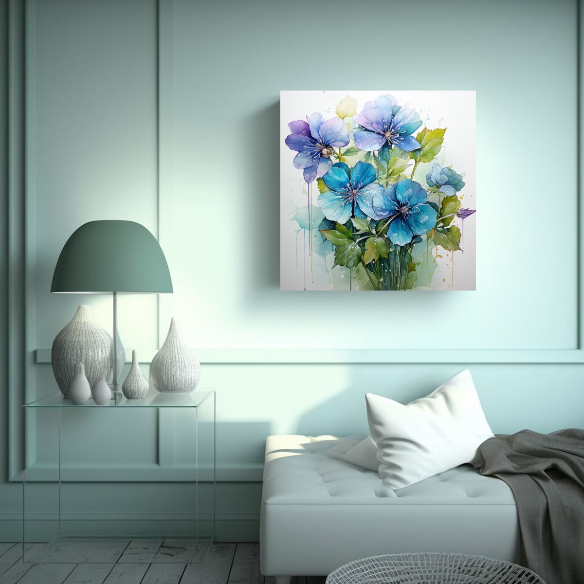 GENERICO - Pintura Abstracta De Pared Con Violetas Verdes Y 80x80 Cm