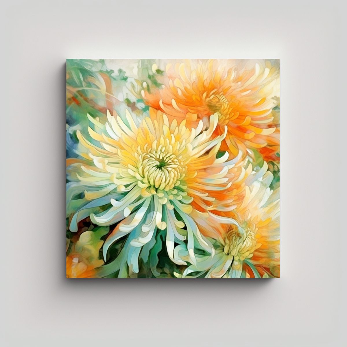 GENERICO - Pintura Abstracta De Flores Crisantemos Verde Y 80x80 Cm