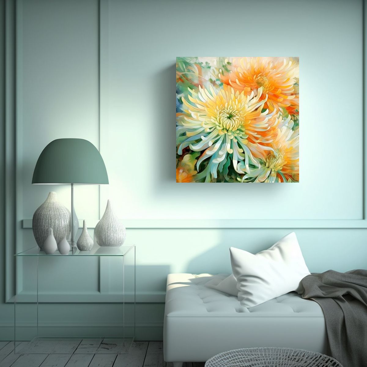 GENERICO - Pintura Abstracta De Flores Crisantemos Verde Y 80x80 Cm