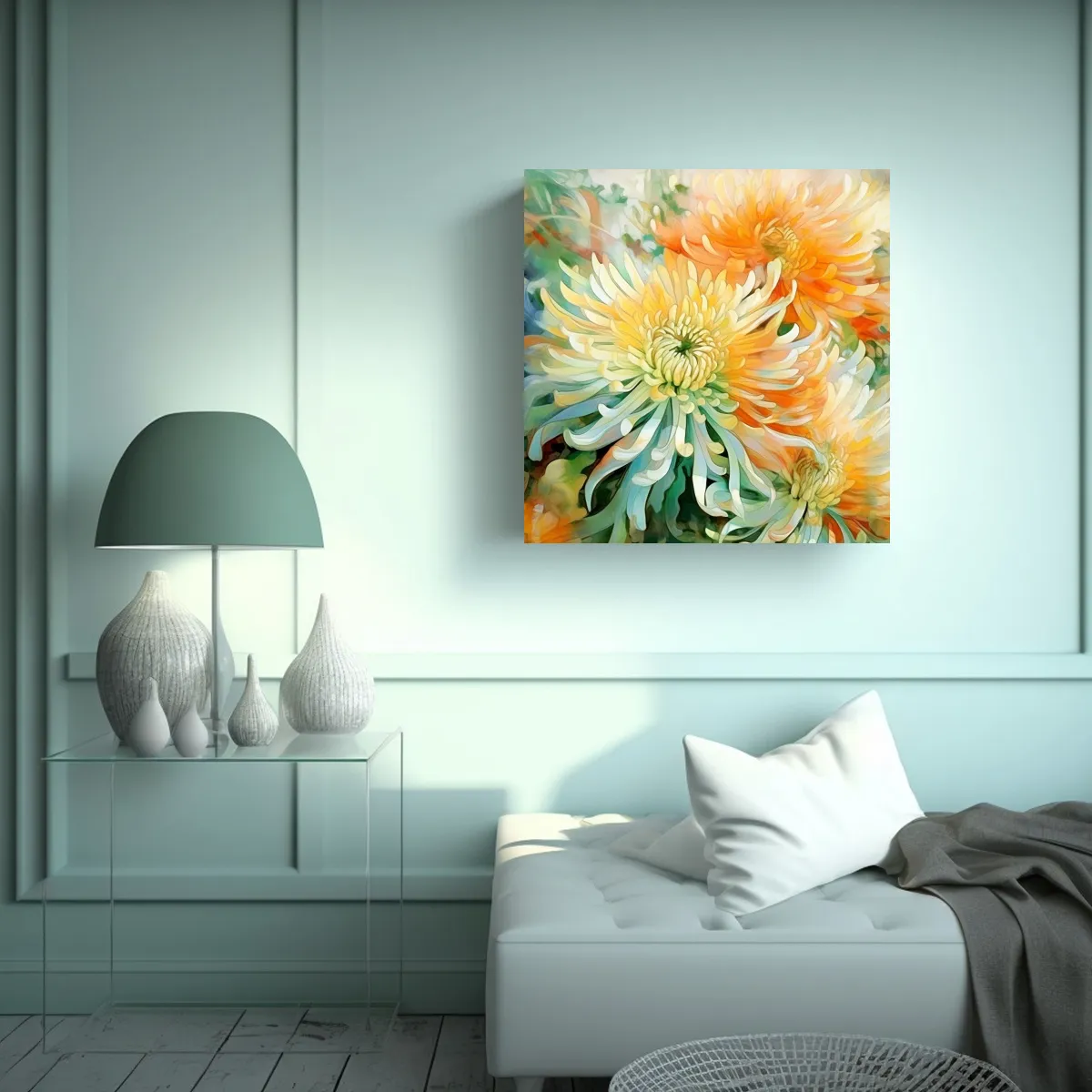 GENERICO - Pintura Abstracta De Flores Crisantemos Verde Y 50x50 Cm