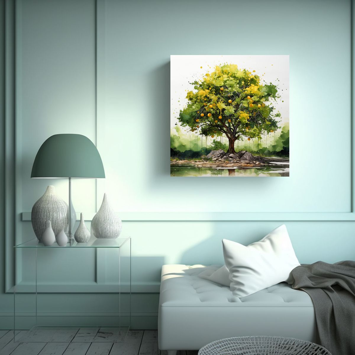 GENERICO - Lienzo De Tela Impreso Artesanal En Colores Verde 70x70 Cm