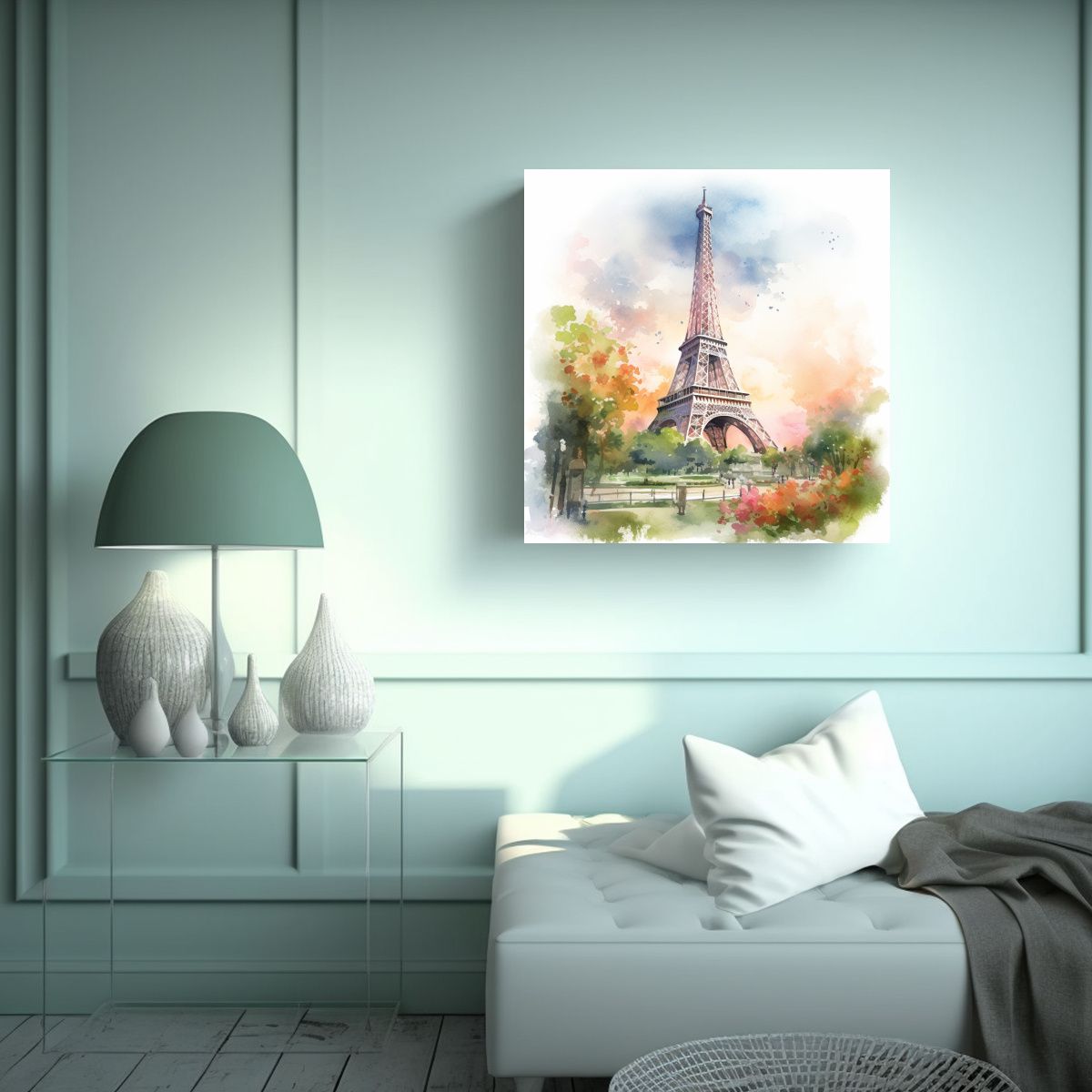GENERICO - Cuadro Acuarela Baño Eiffel Tower En La Mañana. 60x60 Cm