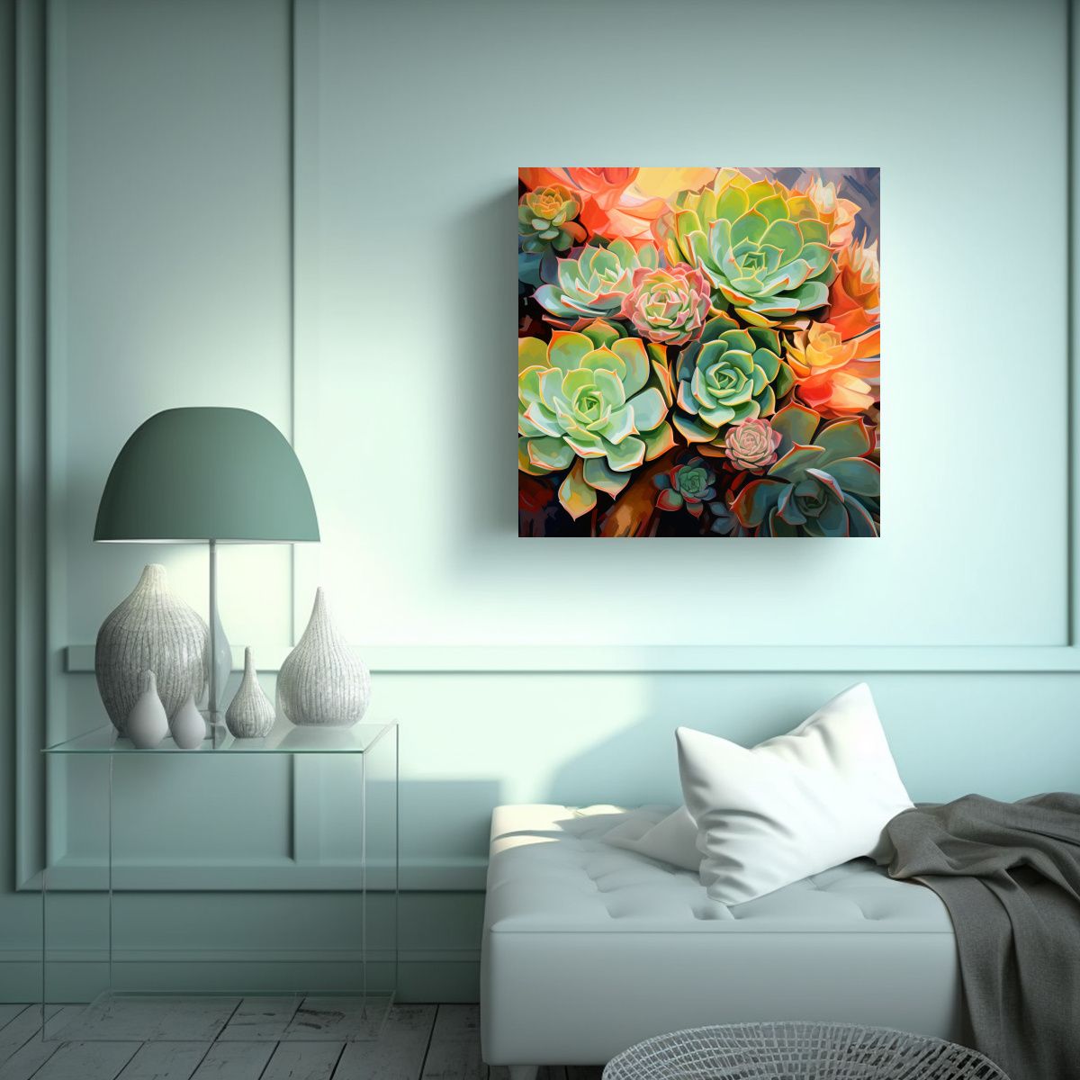 GENERICO - Pintura Abstracta De Perspectiva Con Suculentas Y 70x70 Cm