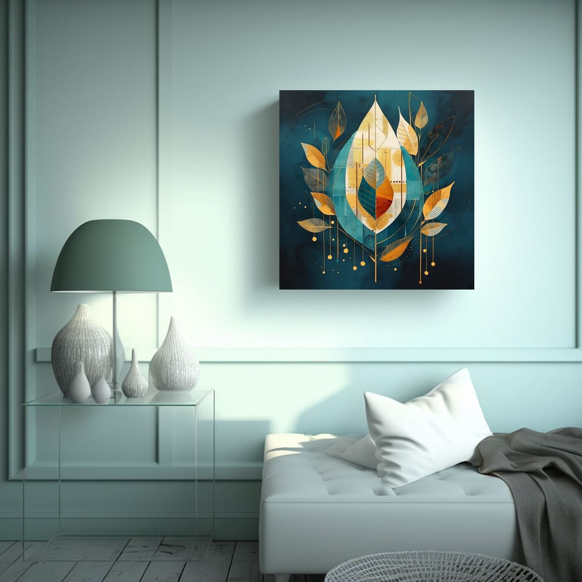 GENERICO - Pintura Decorativa Abstracta De Hoja En Petrol 60x60 Cm