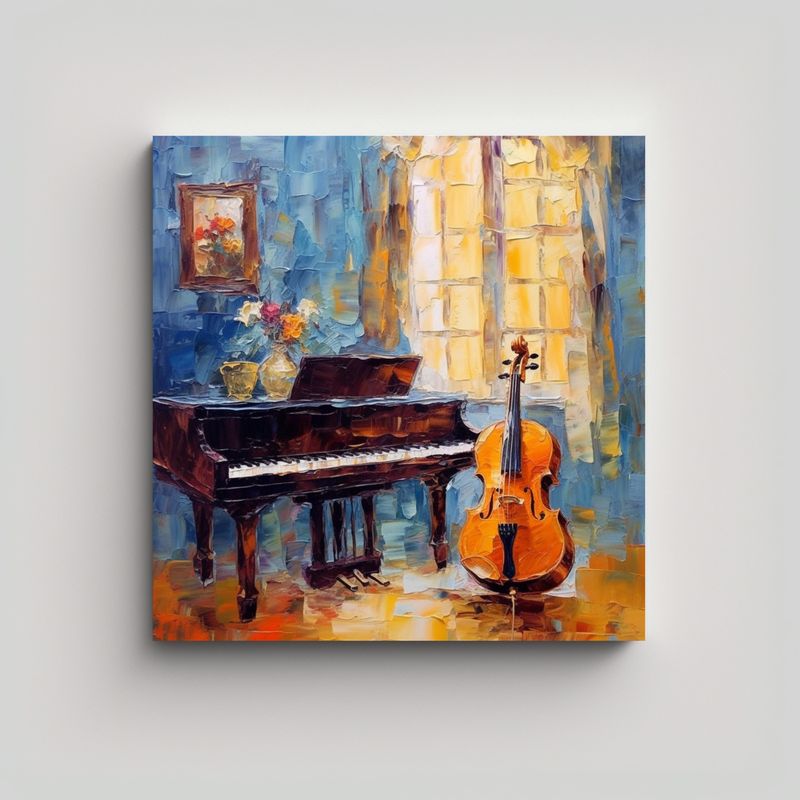 GENERICO - Pintura Al óleo Lienzo Hermoso Violín Y Piano 90x90 Cm