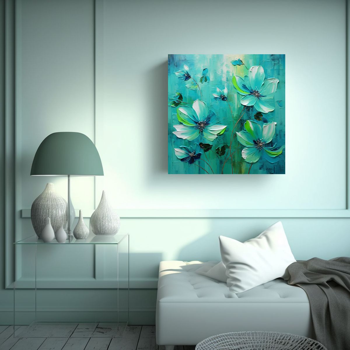 GENERICO - Pintura En Lienzo De Flores En Colores Verde Y 90x90 Cm