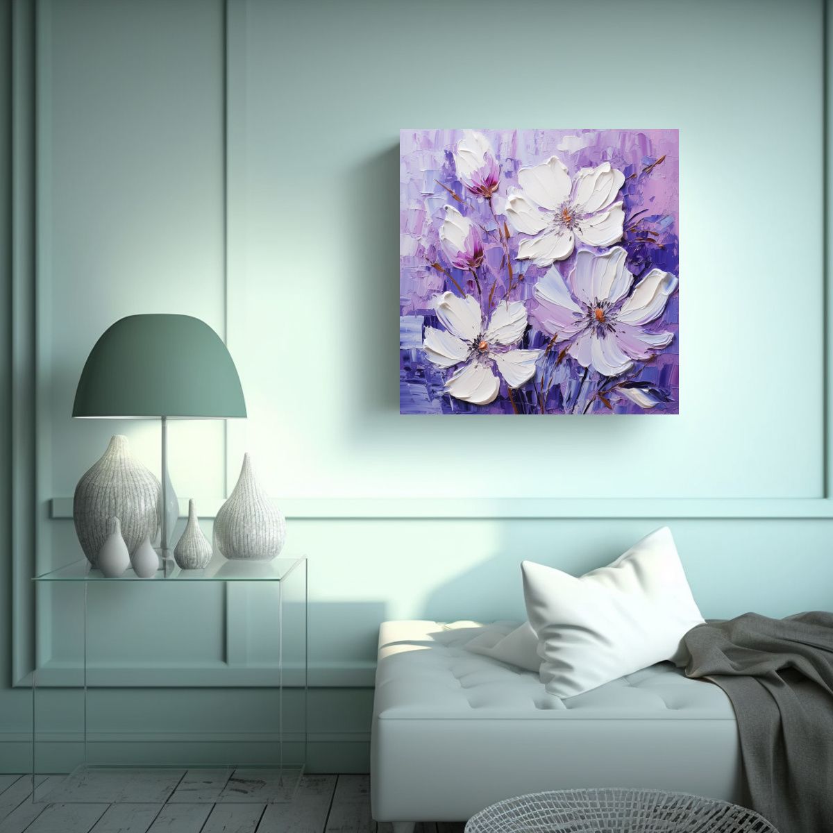 GENERICO - Pintura De Flores Moradas Y Blancas En Lienzo 50x50 Cm