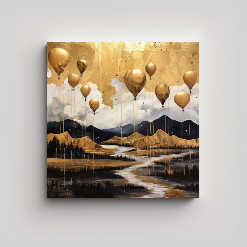 GENERICO - Paisaje Globos Papel Dorado Reflejo Arte Mixto 90x90 Cm