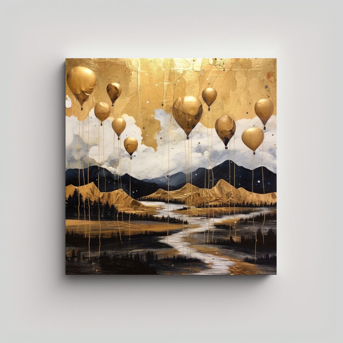 GENERICO - Paisaje Globos Papel Dorado Reflejo Arte Mixto 70x70 Cm