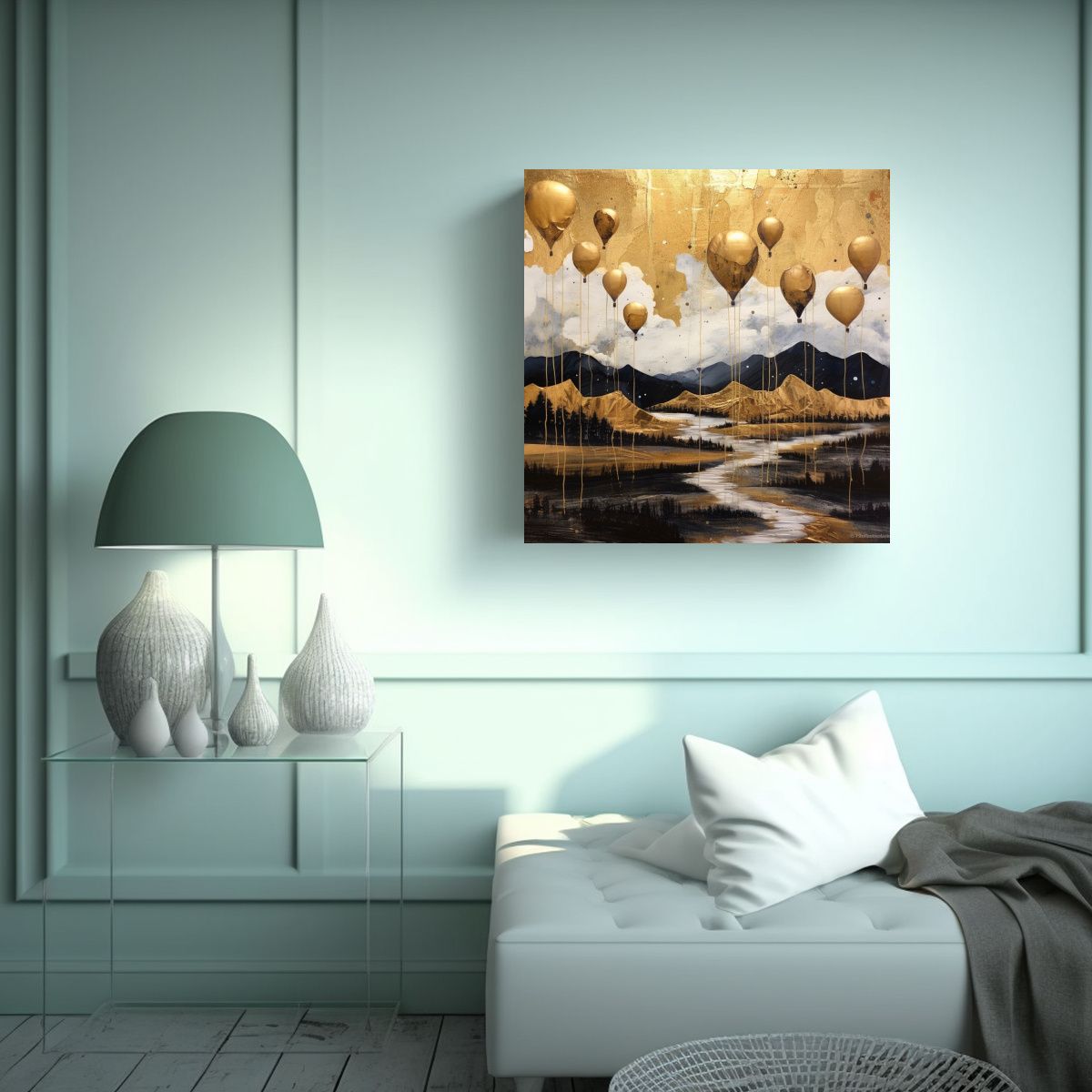 GENERICO - Paisaje Globos Papel Dorado Reflejo Arte Mixto 70x70 Cm