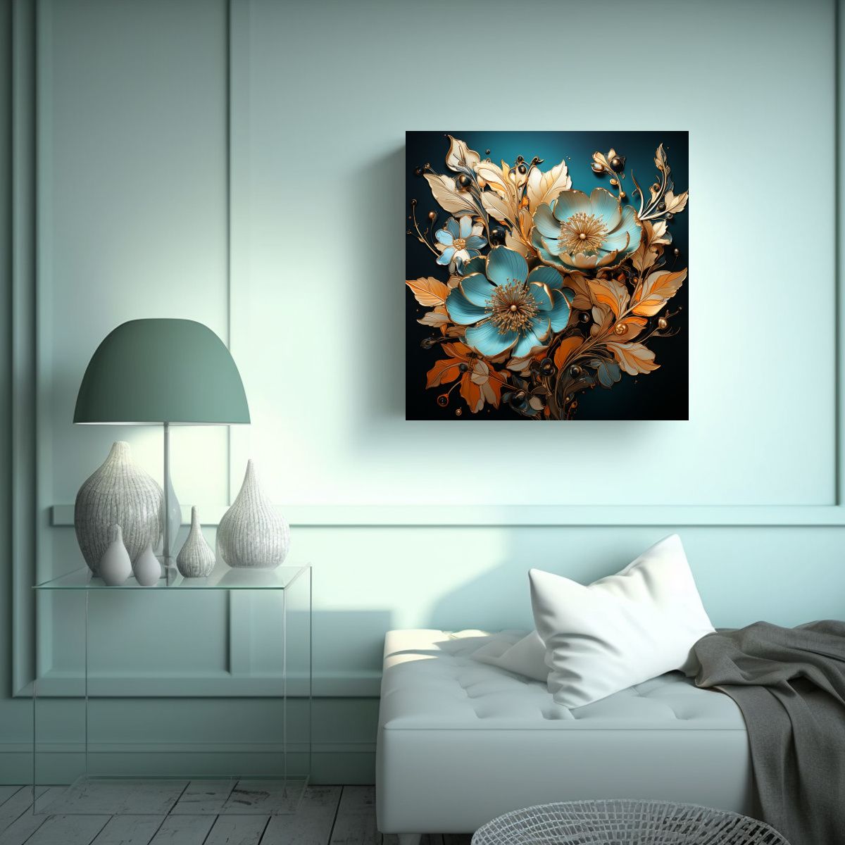 GENERICO - Pinturas En Turquesa Y Oro De Líneas Finas 70x70 Cm