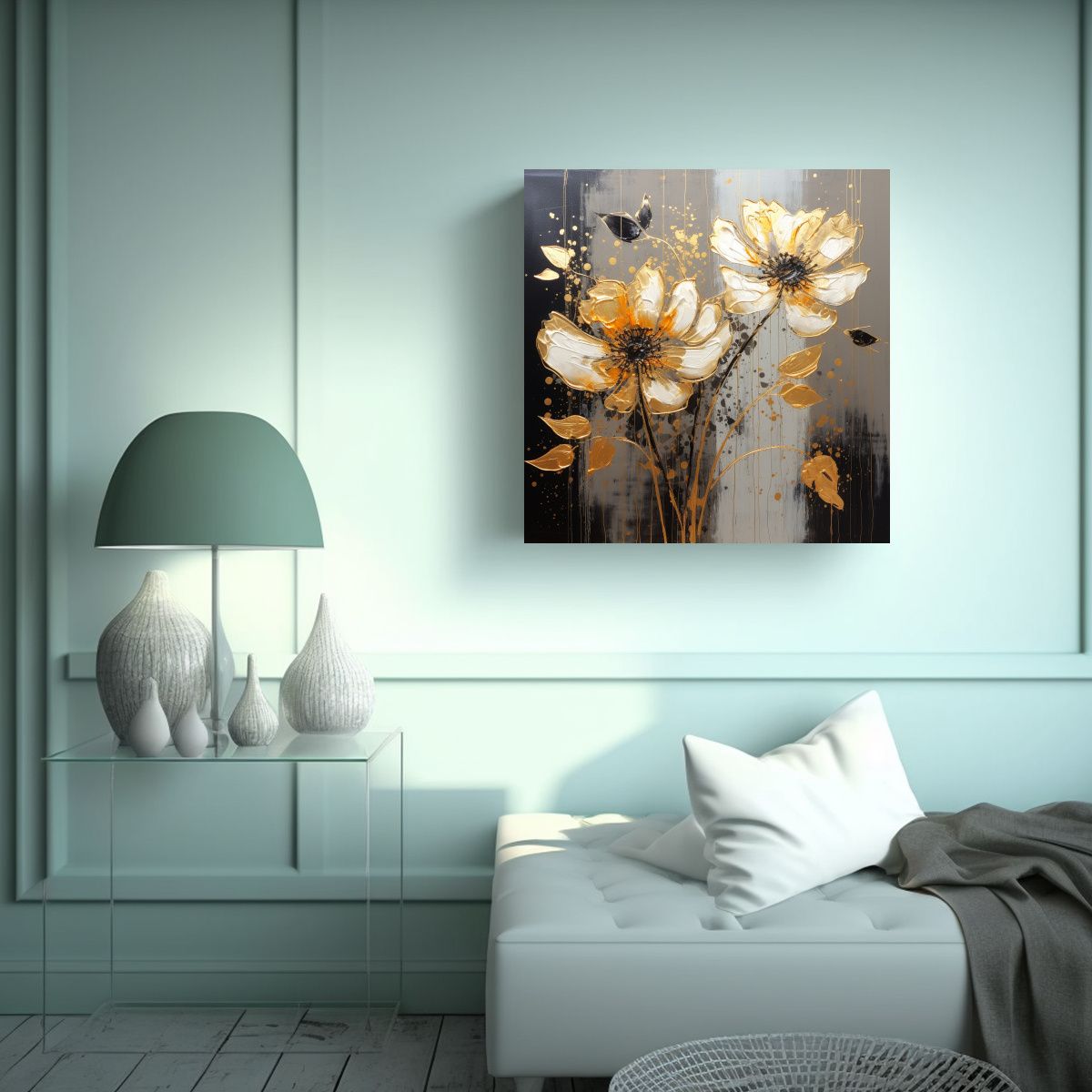 GENERICO - Pintura En Lienzo De Flores En Colores Oro Y 80x80 Cm