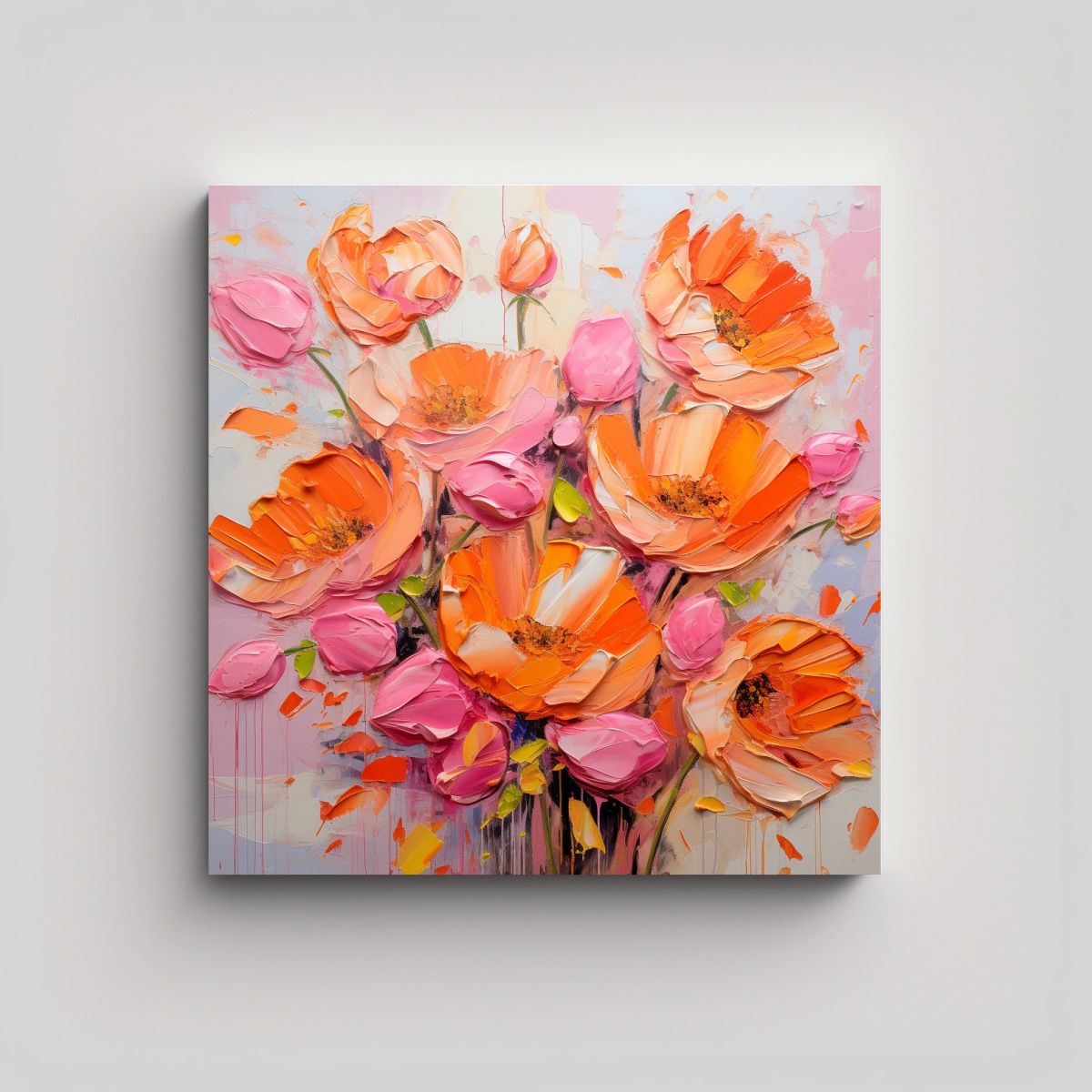 GENERICO - Lienzo Con Flores En Tonos Naranja Y Rosa Para 80x80 Cm