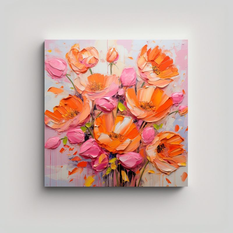 GENERICO - Lienzo Con Flores En Tonos Naranja Y Rosa Para 70x70 Cm