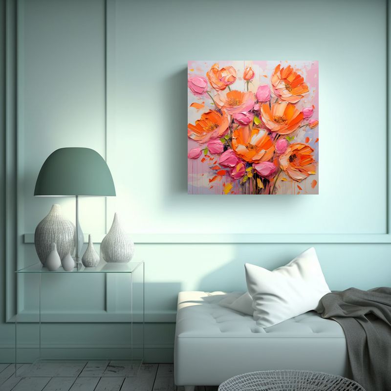 GENERICO - Lienzo Con Flores En Tonos Naranja Y Rosa Para 50x50 Cm