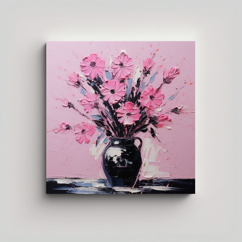 GENERICO - Cuadro Tema Dimensiones A Flores En Negro Y Rosa 70x70 Cm