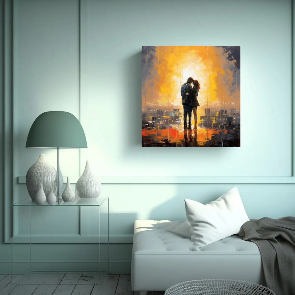 GENERICO - Pareja Bajo La Lluvia En Ciudad Pintura Decorativa 70x70 Cm