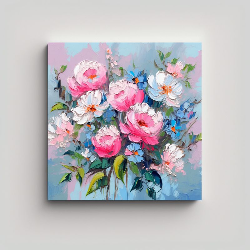 GENERICO - Pintura Floral En Tela De Colores Rosa Y Azul En 80x80 Cm