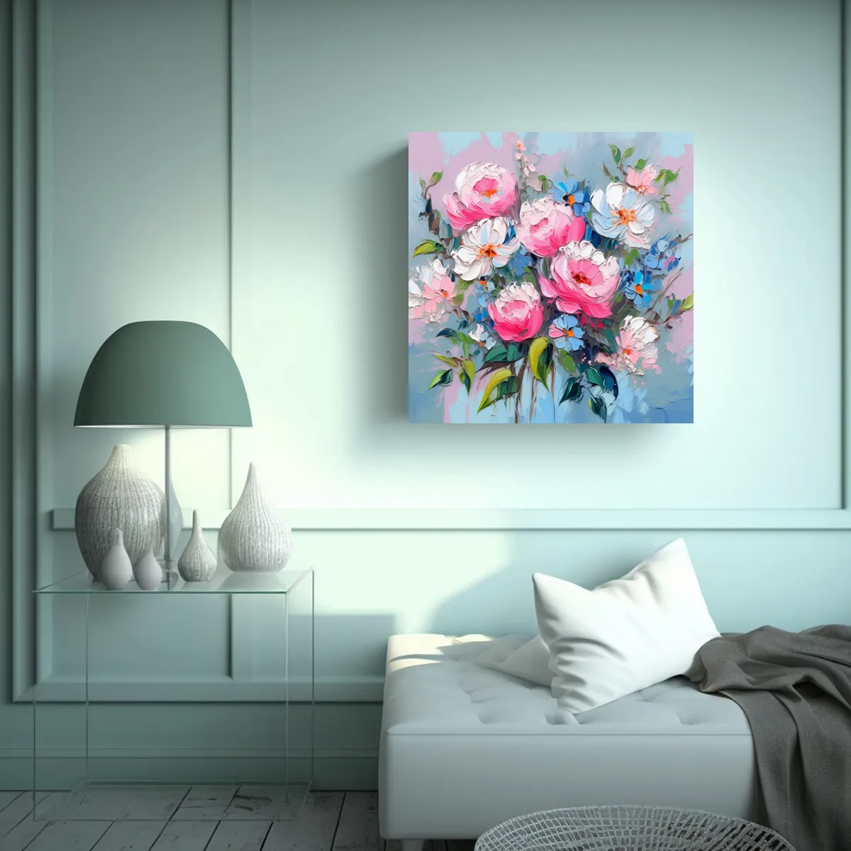 GENERICO - Pintura Floral En Tela De Colores Rosa Y Azul En 80x80 Cm