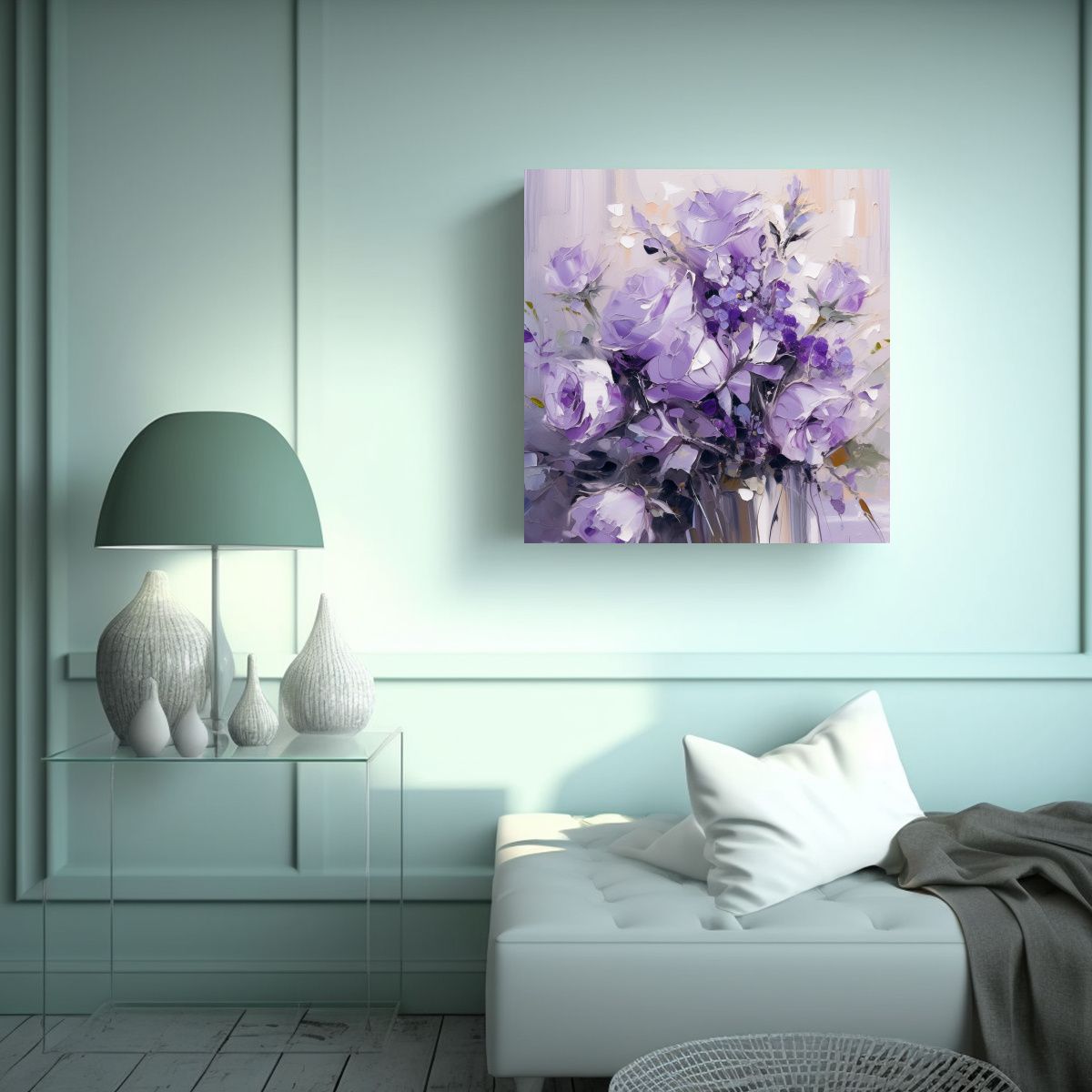 GENERICO - Cuadro Decorativo De Flores Moradas Y Plateadas 70x70 Cm