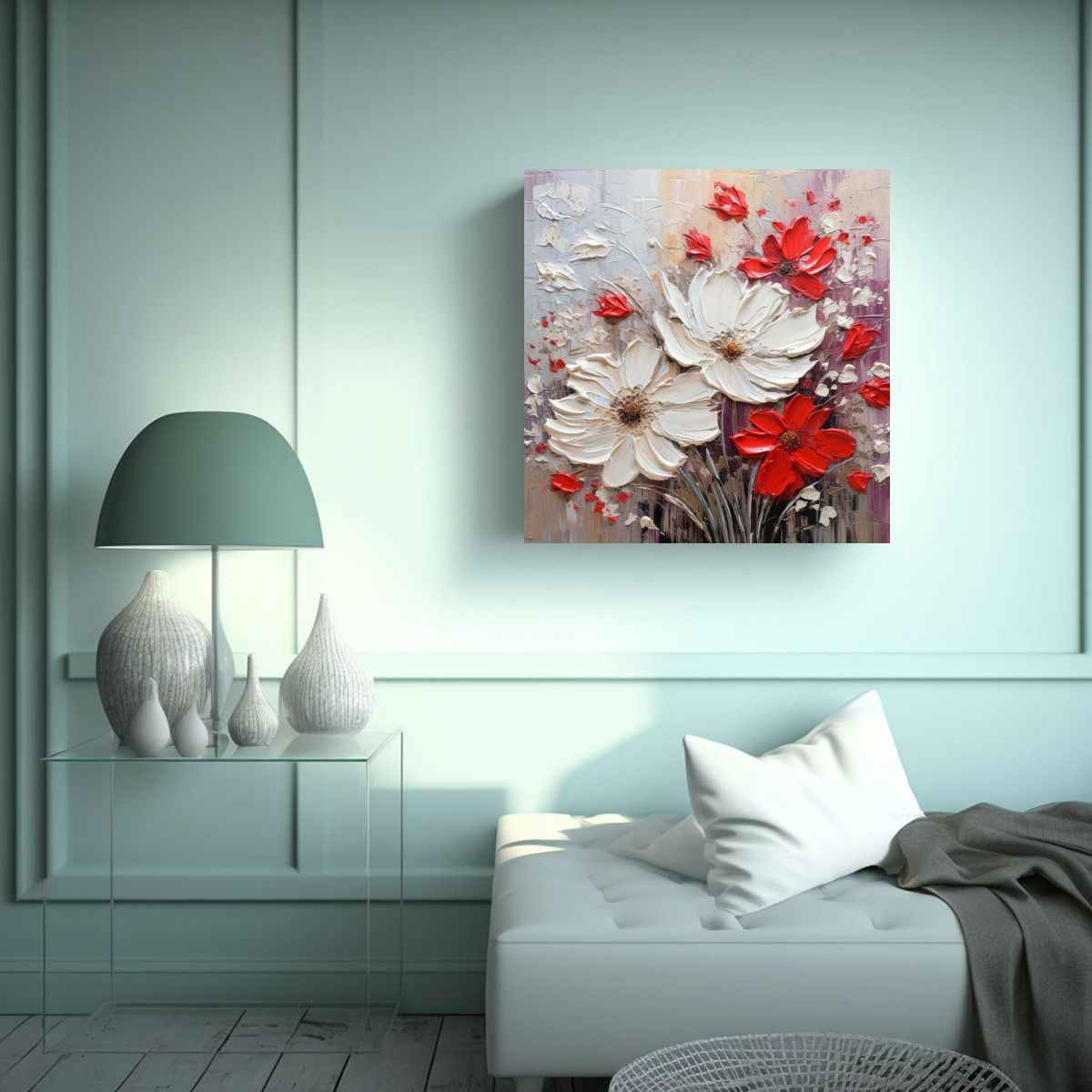 GENERICO - Pintura En Tela Diseño De Flores Blancas Y Rojas 60x60 Cm