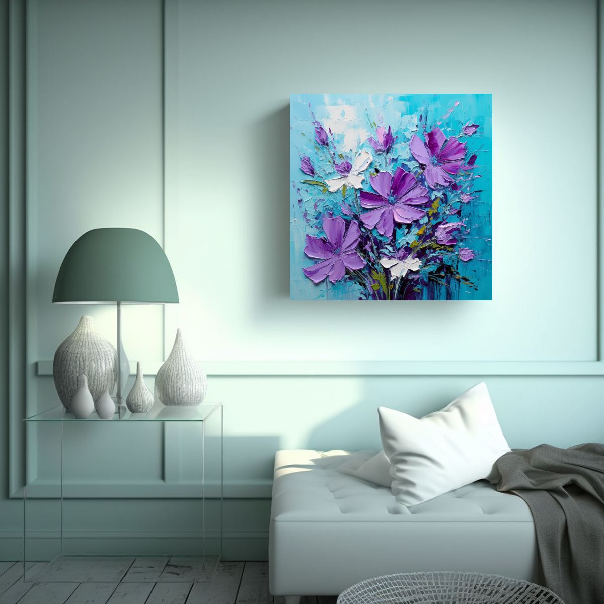 GENERICO - Pintura De Flores En Lienzo En Colores Morado Y 90x90 Cm