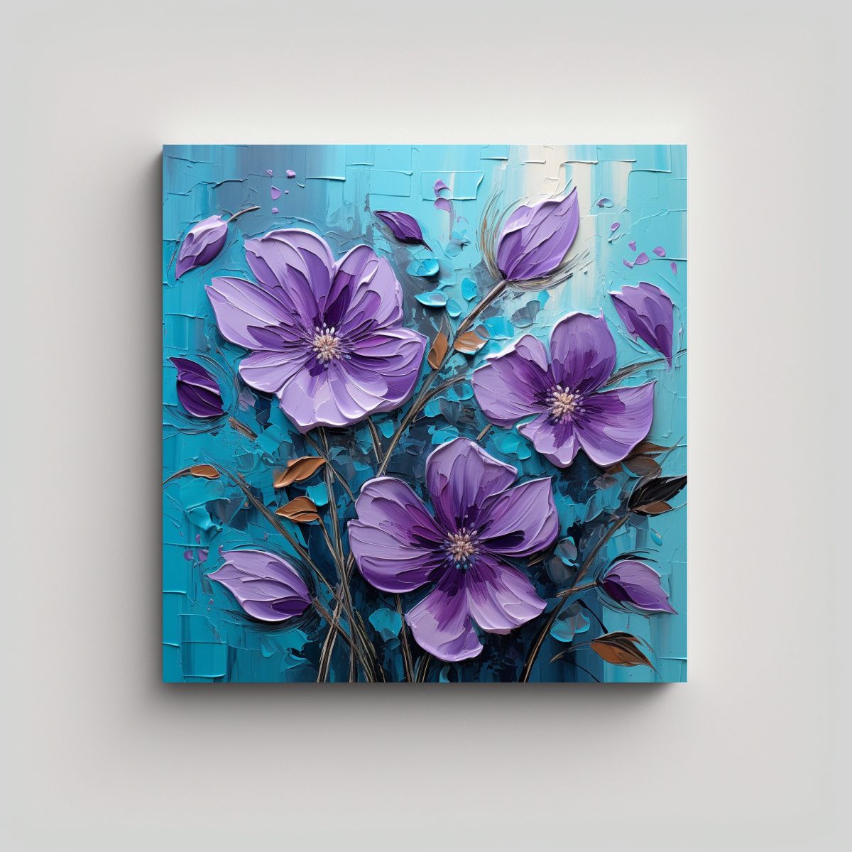 GENERICO - Pintura En Lienzo De Flores Púrpuras Y Turquesas 70x70 Cm.
