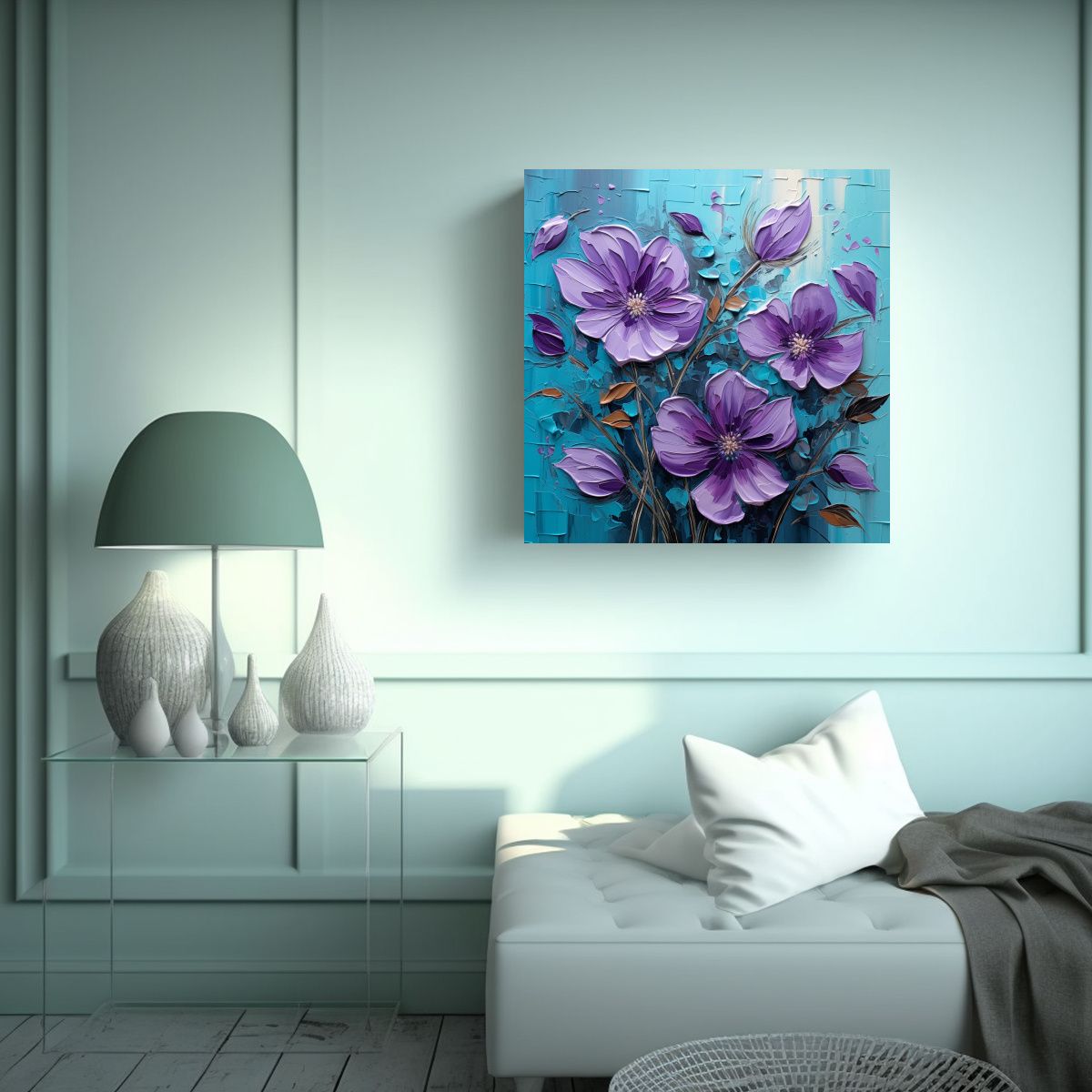 GENERICO - Pintura En Lienzo De Flores Púrpuras Y Turquesas 70x70 Cm.