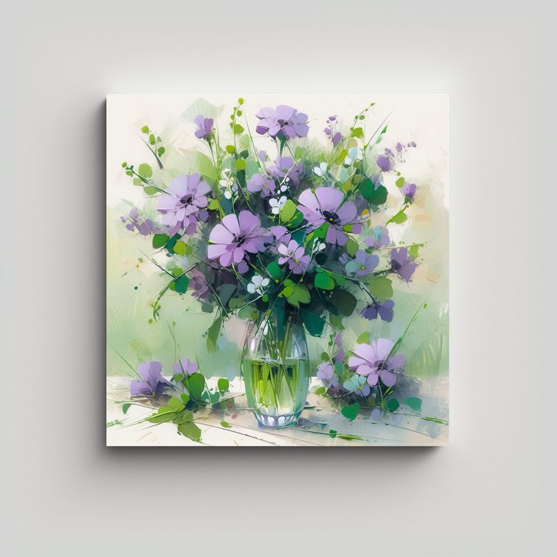 GENERICO - Pintura Lineal De Flores En Colores Verde Y 80x80 Cm