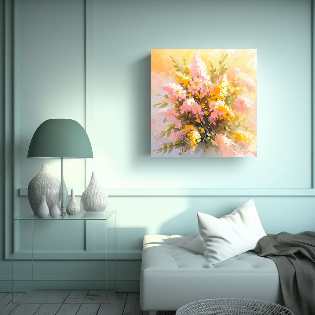 GENERICO - Pintura En Bastidor Floral Moderna En Amarillo Y 60x60 Cm