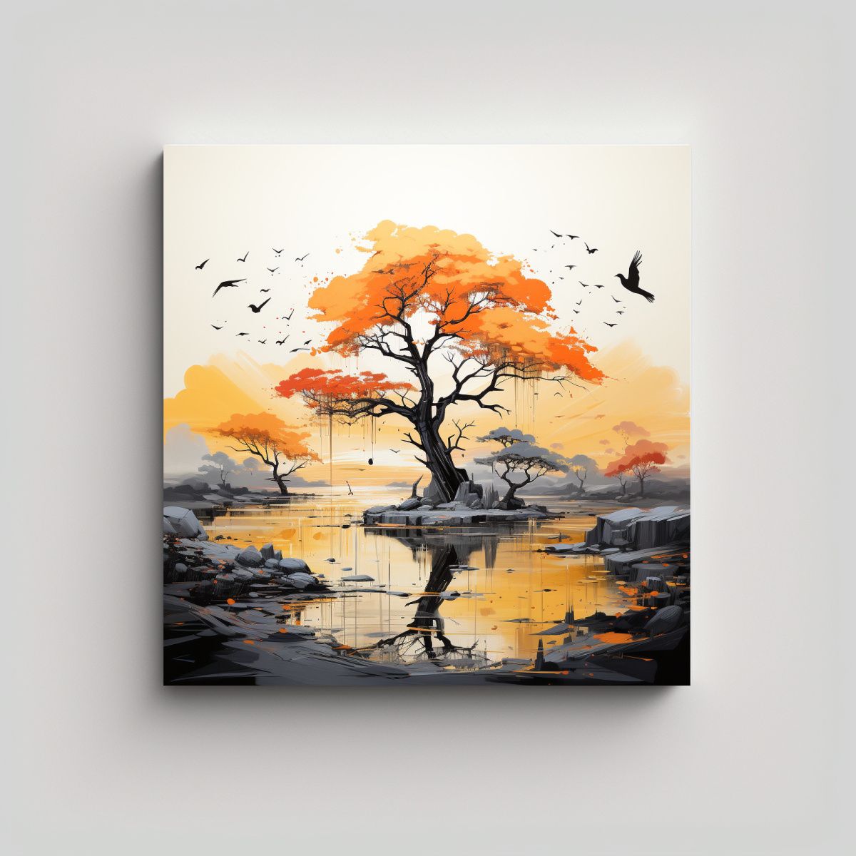 GENERICO - Pintura Abstracta árbol Acacia Naranja Y Negro 90x90 Cm